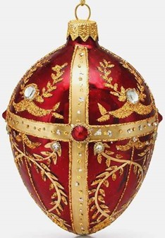 Smuk, håndmalet julepynt i rød Fabergé æg form. Julefigur H: 13 cm