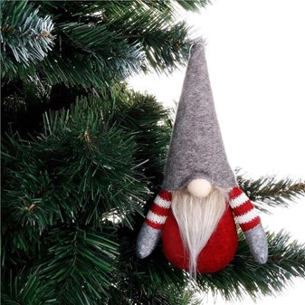 Juledekoration. Sjov gnome hængende i rød jakke og grå hue, H 20 cm