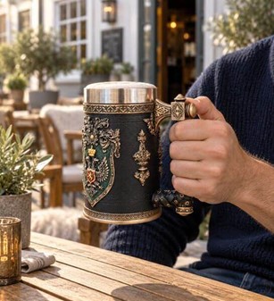 ØLKRUS MED HISTORIE. Meget dekorative krus i middelalderlig stil