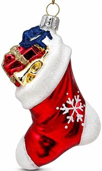 Julestrømper fra Polen. Rød glas julesok med gaver. 2 stk, H 10 cm