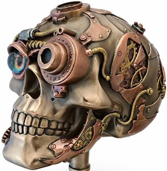 FIGURER STEAMPUNK. Unik bronzefigur af kranium på kædehjul stativ