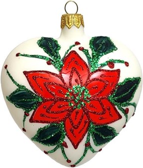 Jule glashjerte i hvid med rød blomst og grøn dekoration. 10 cm, 4 stk