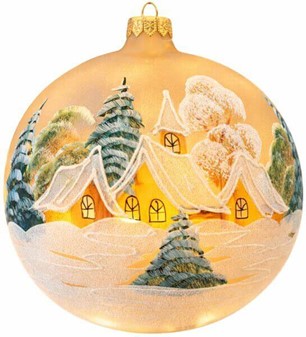 Jule glas lanterne i guld gennemsigtig mat med vinterhytter. Ø 15 cm