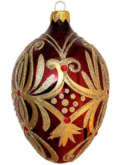 Smuk, glas julepynt i vin rød Fabergé æg form. Julefigur H: 13 cm