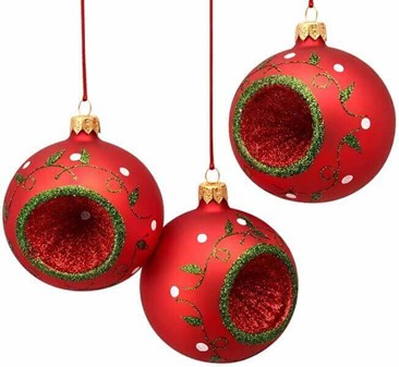 Julekugle med reflektor, mat karmin med grøn glitter, Ø 8 cm 6 stk