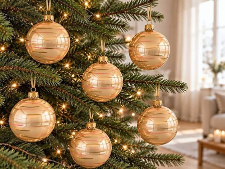 Julekugler i champagne emalje med guld og lyserøde vandrette striber