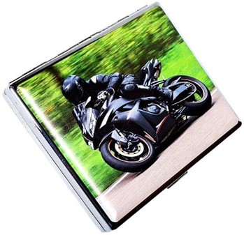 Stilfuldt Metal Cigaretetui med Sort Sportsmotorcykel - Perfekt Gave