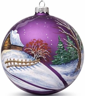 Violet stor julekugle mat med snemand og vinterlandskab. Ø 15 cm