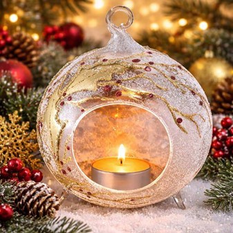 Unik glas julekugle i form lysestage-lanterne med guld vintermotiv