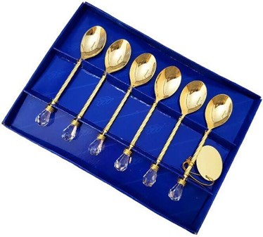 GAVE MED STIL. Sæt af 6 forgyldte skeer med store Swarovski krystaller