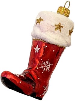 Julepynt figurer. Glasfigur af rød cowboystøvle på juletræet. H 10 cm