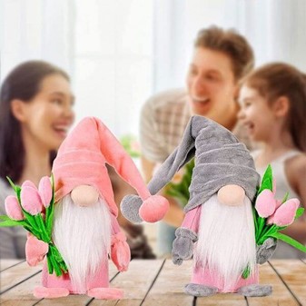 Sjove påskenisser. To plys søde dværge med tulipaner. 37 cm