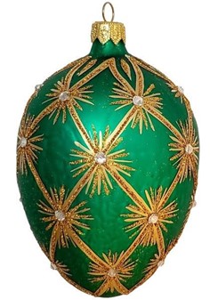 Håndmalet jule glas pynt i grøn Fabergé æg form. Julefigur H: 13 cm