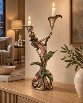 GOD BRYLLUPSGAVE. Art Nouveau lysestage - figur, en kvinde med lilje