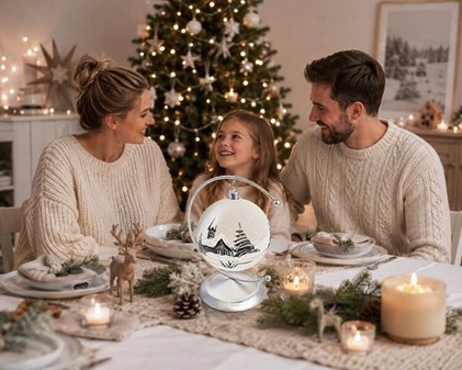 Julekugle glas i gennemsigtig mat hvid med en vinterlandskab. Ø 10 cm