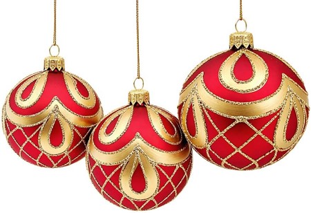Polske håndlavet julepynt. Røde mat julekugler med guld dekoration