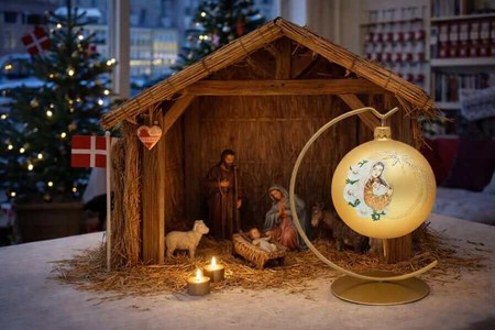 Eksklusiv Julekugle. Gør julen magisk med Maria og Jesus i guld. 10 cm