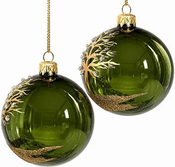 Gennemsigtig grøn glas julekugle blank med gyldent træ, Ø 8 cm 6 stk