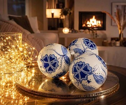 Juledekorationer i glas. Julekugler i porcelæn hvid med blå blomster