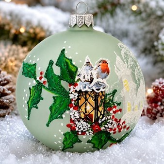 Polsk glas julepynt. Grøn julekugle med en fugl på lanterne. Ø 10 cm