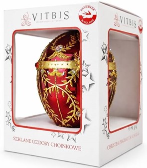 Smuk, håndmalet julepynt i rød Fabergé æg form. Julefigur H: 13 cm