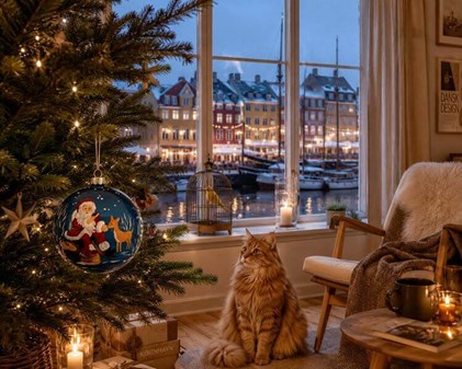 Stor julekugle i blå mat farve med julemand og en lille hjort. Ø 15 cm