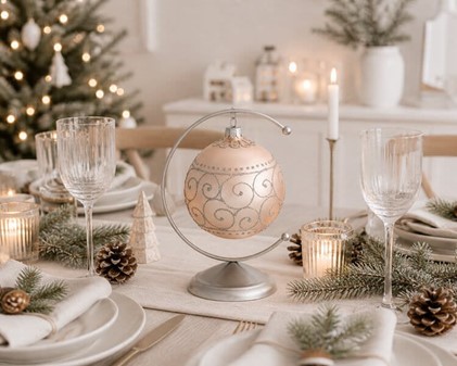 Laksefarvede julekugler med sølvglitter plantemotiver. Ø 10 cm, 6 stk