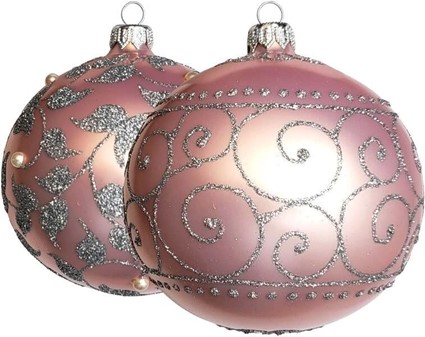 Polske lyserøde glas julekugler med sølv plantemotiver. Ø 10 cm, 6 stk