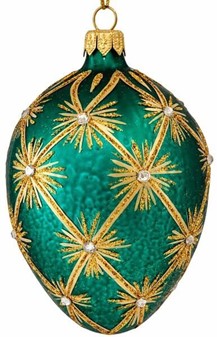 Håndmalet jule glas pynt i grøn Fabergé æg form. Julefigur H: 13 cm