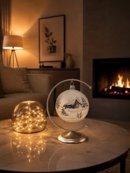 Julekugle glas i gennemsigtig mat hvid med en vinterlandskab. Ø 10 cm