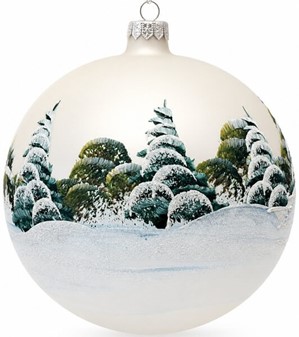 Stor hvid julekugle i glas – unik pynt med vinterlandskab. Ø 15 cm