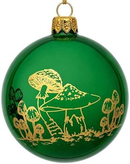 Juletræspynt glas. Gennemsigtig grøn julekugle med svampe, Ø 8 cm