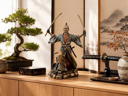 SAMURAI FIGUR. Bronze skulptur af japansk kriger med to sværd