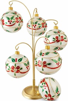 Mundblæst glas julepynt. Julekugler i porcelæn hvid med rød blomst