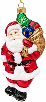 Juletræspynt figurer. Håndlavet glas julemanden med sæk fuld af gaver