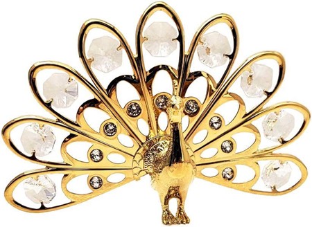 FØDSELSDAGSGAVE HENDE. Påfugl, forgyldt figur med Swarovski krystaller
