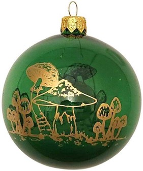 Juletræspynt glas. Gennemsigtig grøn julekugle med svampe, Ø 8 cm