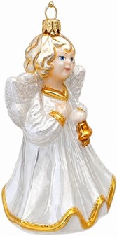 Jule glas figur fra Polen. Sød engel i hvid med klokke. H: 16 cm