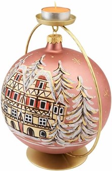 Stor julekugle glas i lyserød mat med hus og vinterlandskab. Ø 15 cm