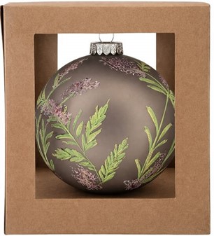 Glas julekugle stor, mat grå med en delikat plantedekoration. Ø 15 cm