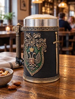 ØLKRUS MED HISTORIE. Meget dekorative krus i middelalderlig stil