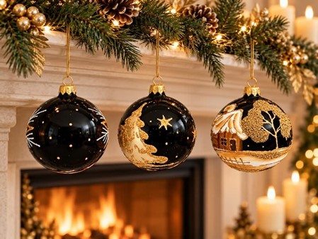 Sorte julekugler med tre forskellige julemotiver i guld, Ø 8 cm 6 stk