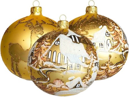 Juletræspynt. Flotte julekugler glas guld med julemotiver. Ø 10cm 6stk