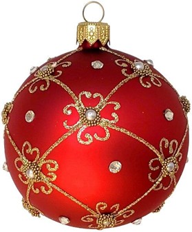 Håndmalede julekugler fra Polen, rød mat med perler og gulddekoration