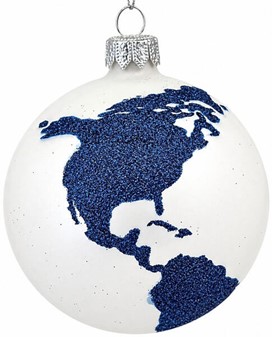 Polske julekugler i hvid med et marineblåt glitter verdenskort. Ø 8 cm