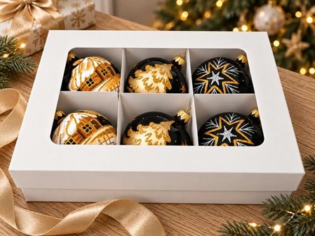 Sorte julekugler med tre forskellige julemotiver i guld, Ø 8 cm 6 stk