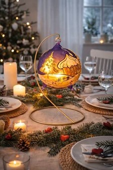 Unik blå glas julekugle i form lysestage-lanterne med guld vintermotiv