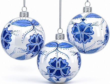 Juledekorationer i glas. Julekugler i porcelæn hvid med blå blomster
