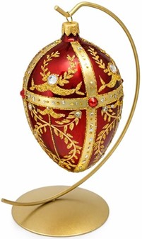 Smuk, håndmalet julepynt i rød Fabergé æg form. Julefigur H: 13 cm