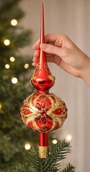 Glas topspir til juletræ i skinnende rød og gylden dekoration. 35 cm